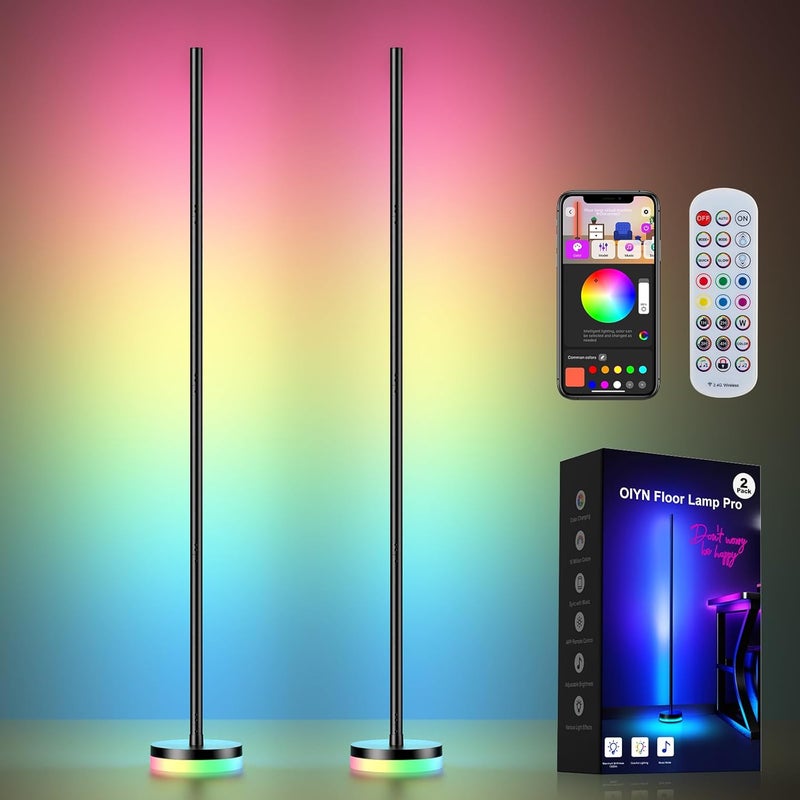 OIYN Store مصباح زاوية أرضي 2 حزمة، مصباح زاوية LED RGBICW مع 1300 لومن، مصباح أرضي حديث ذكي، تحكم عبر التطبيق والريموت، مزامنة موسيقية، مصباح قائم متغير الألوان لغرف النوم وغرف المعيشة وغرف الألعاب. - Image 1